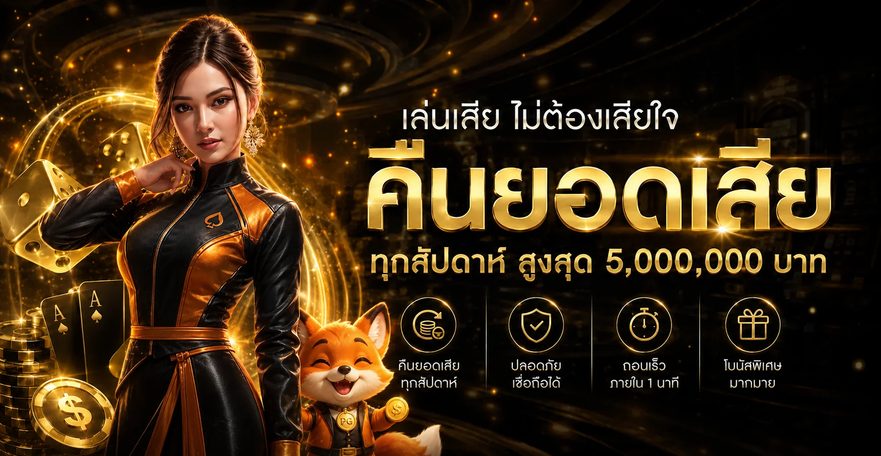 แบนเนอร์คืนยอดเสีย TREXTREX689 โทนส้มดำพร้อมมาสคอตเกม